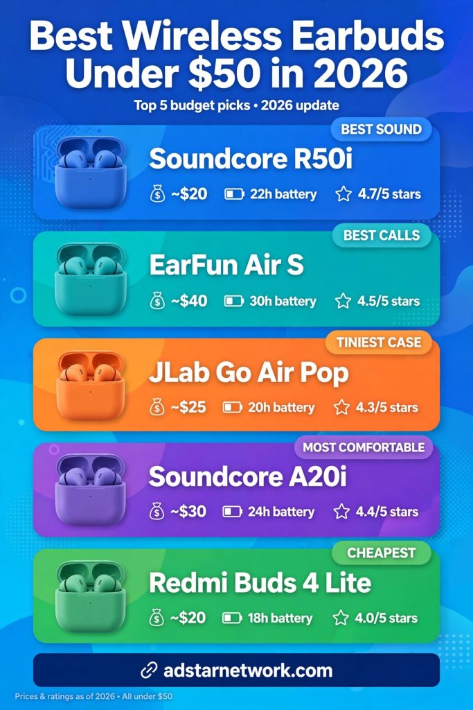 Best Wireless Earbuds Under $50 in 2026 infographic
